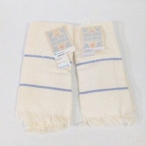 Vtg Charles Craft Cross Stitch Fingertip Towels Ecru Blue Borderlines 2pc USA